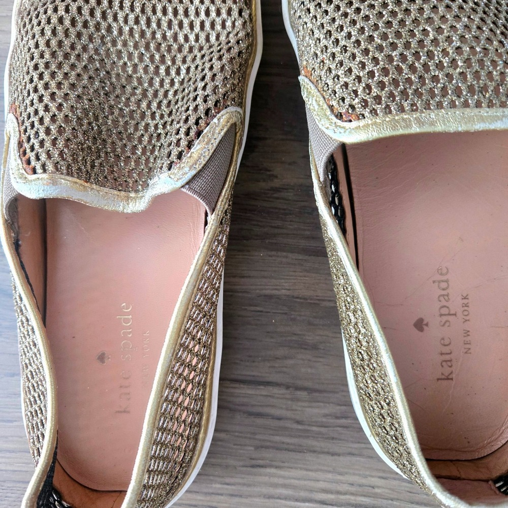 Kate Spade Sallie Gold Glitter Mesh Slip‎ On Sneakers Metallic Leather Size 10 - Picture 5 of 11